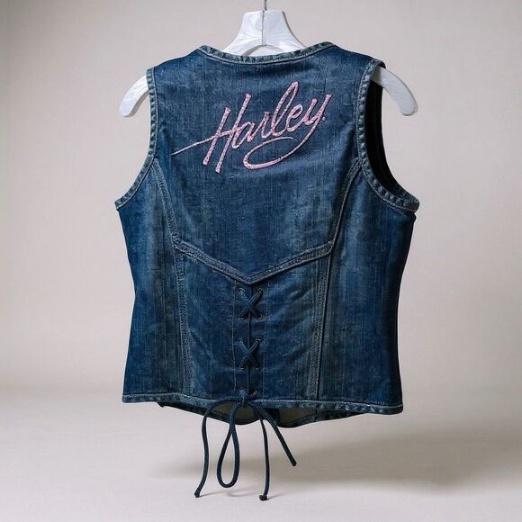 Harley Davidson Vest Jean S Blue Zip Up Embroidered Rhinestones Tie Back - Picture 3 of 12